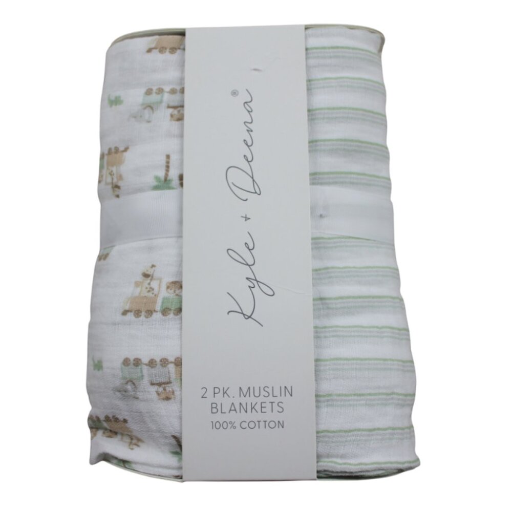 Kyle & Deena Muslin Baby Swaddle Blanket Set Safari Train Striped Boys NWT RARE